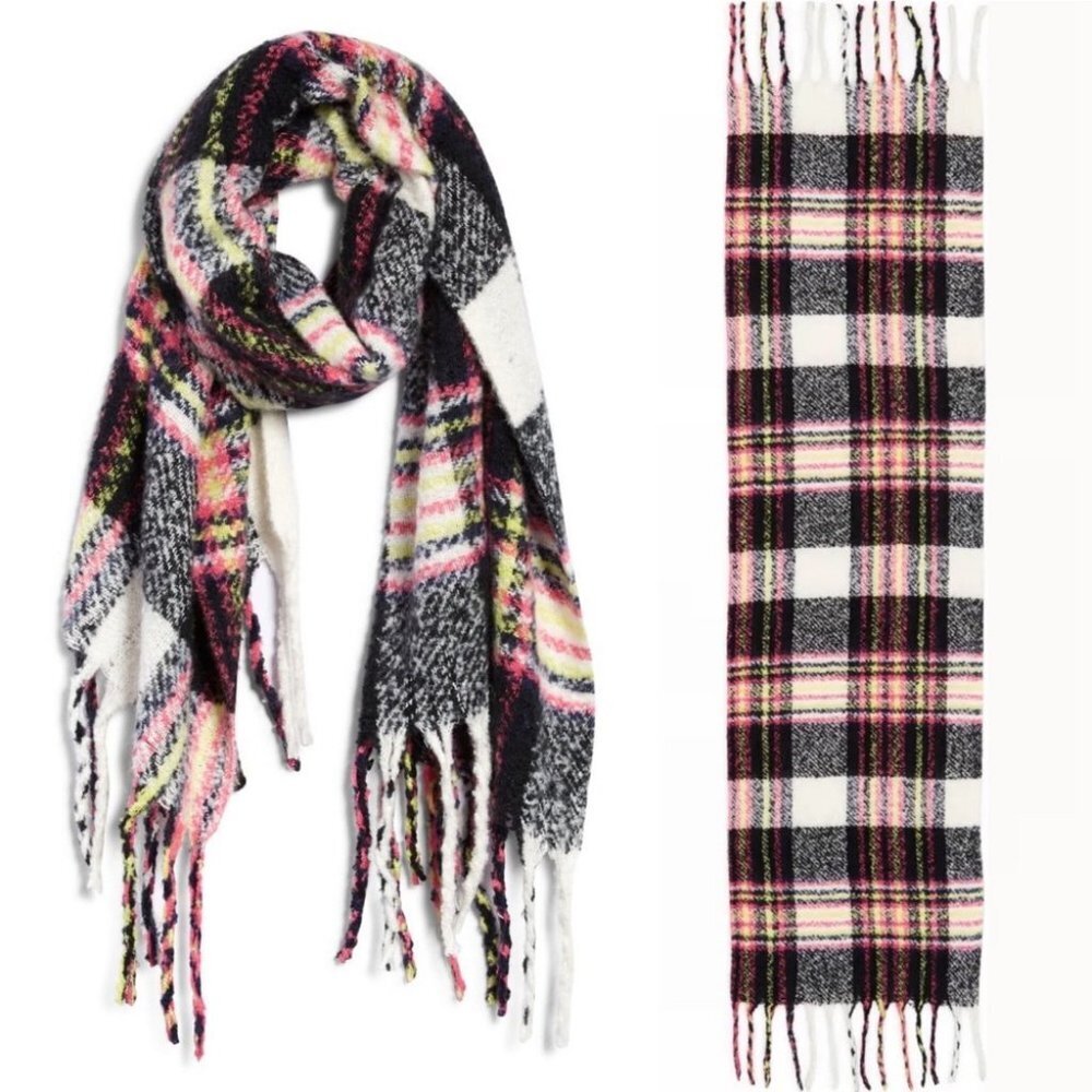 Nordstrom BP Plaid Fleece Blanket Scarf Yellow Black Grey White New Tag Boho NWT